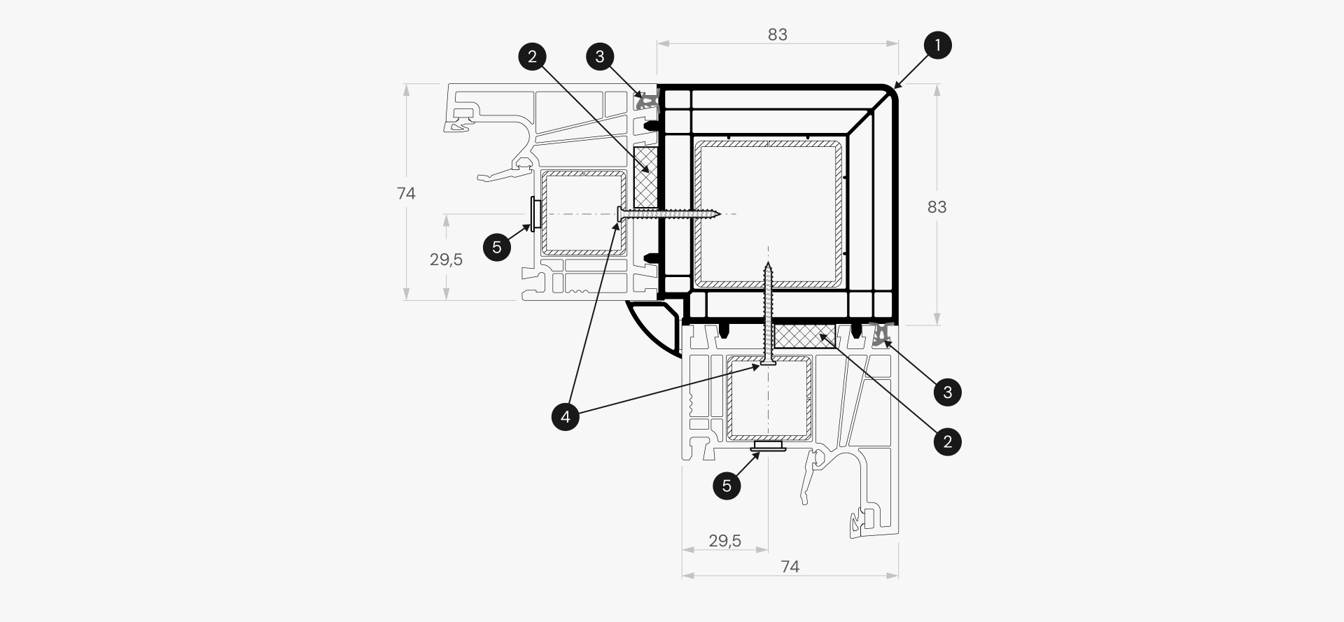 90° leņķa savienošanas profila montāžas mezgli. LINEAR